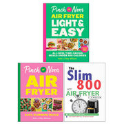 Pinch of Nom air fryer cookbooks set by Kate and Kay Allinson, featuring light and easy recipes in a blue cover design.