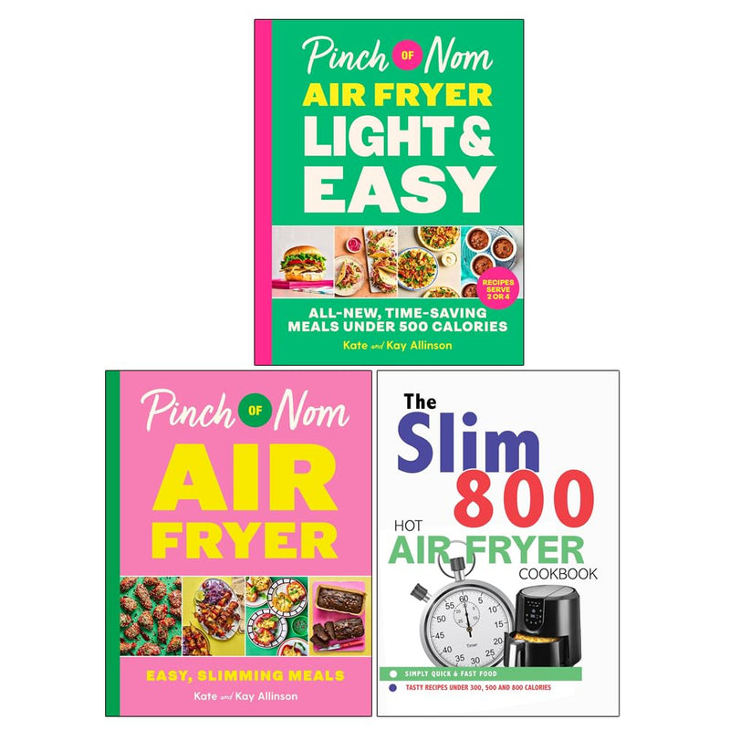 Pinch of Nom air fryer cookbooks set by Kate and Kay Allinson, featuring light and easy recipes in a blue cover design.