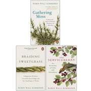 Three paperback books from Robin Wall Kimmerer's collection: Gathering Moss, Braiding Sweetgrass, and The Serviceberry.