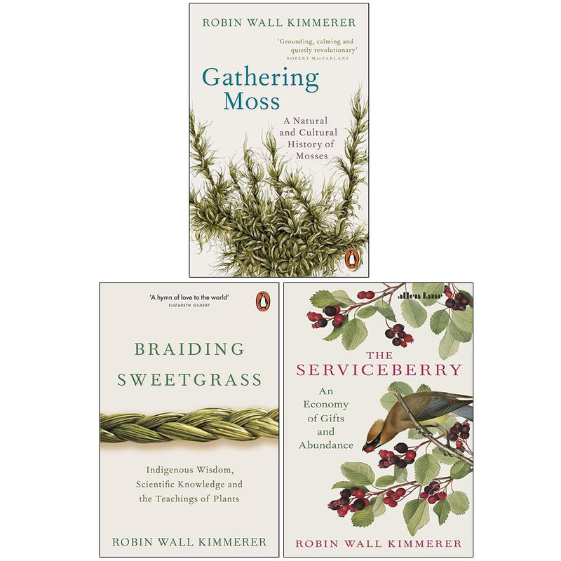 Three paperback books from Robin Wall Kimmerer's collection: Gathering Moss, Braiding Sweetgrass, and The Serviceberry.