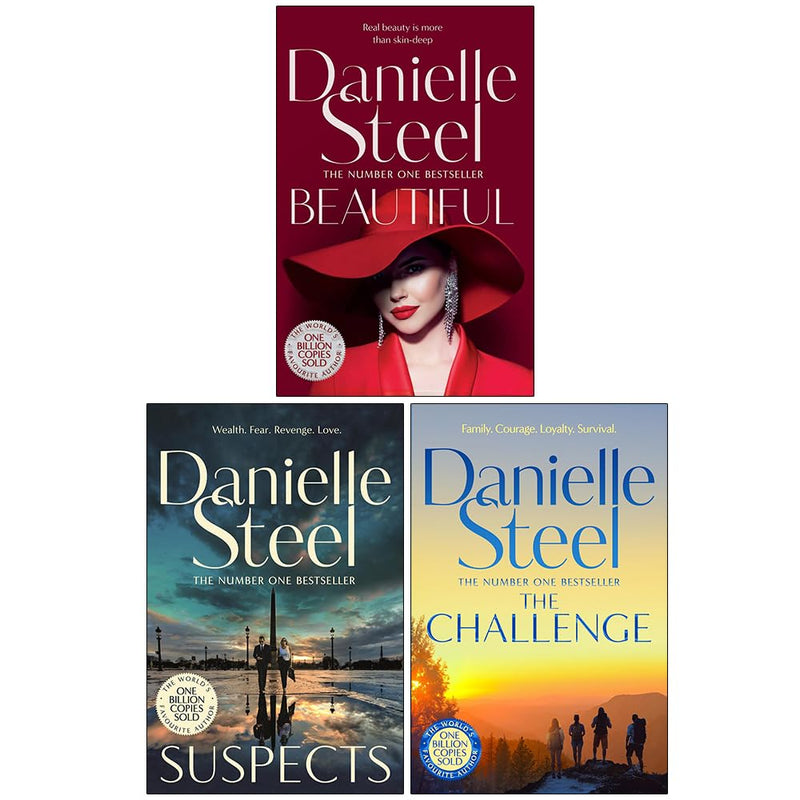 Danielle Steel 3-book collection set including Suspects, Beautiful, and The Challenge, featuring colorful book covers on a pan.