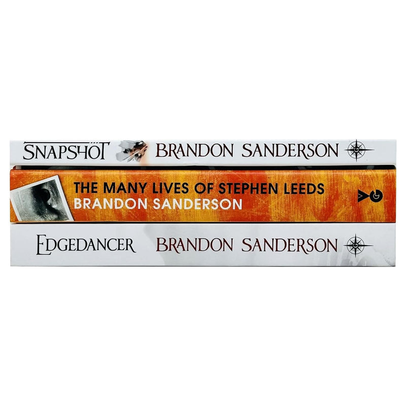 Set of three Brandon Sanderson books including Snapshot, Legion, and Edgedancer by Gollanc in hardcover with colorful covers.