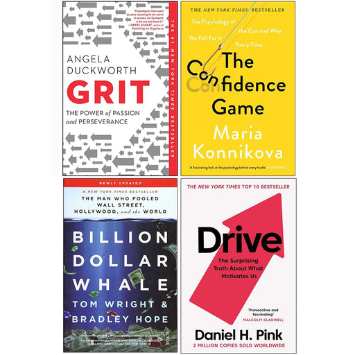 Grit: The Power of Passion and Perseverance, The Confidence Game, Billion Dollar Whale, Drive Daniel H Pink 4 Books Collection Set - The Book Bundle