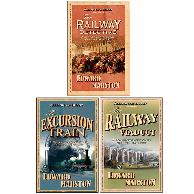Collection of three Railway Detective novels by Edward Marston in paperback, featuring vintage train illustrations on the covers.