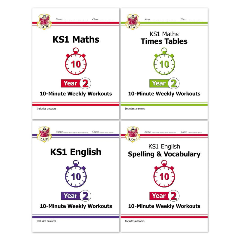 CGP Books KS1 Year 2 Maths and English 10-Minute Weekly Workouts 4-book paperback set