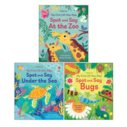 Three Usborne My First Lift-the-flap books by Alice Beecham, colorful children's books with flaps for interactive learning.