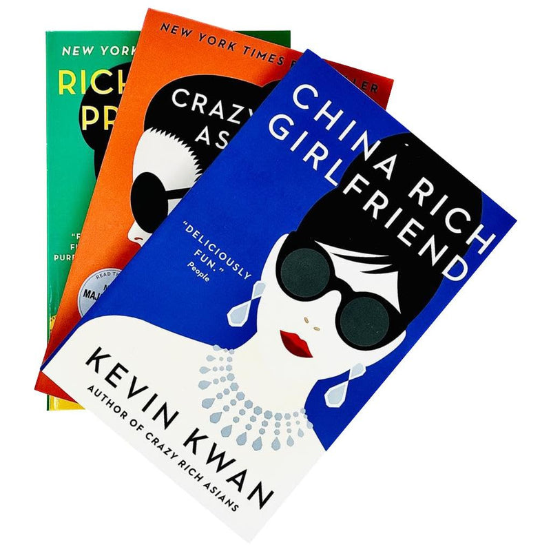 Crazy Rich Asians trilogy book set by Kevin Kwan, three paperback fiction novels with colorful covers.