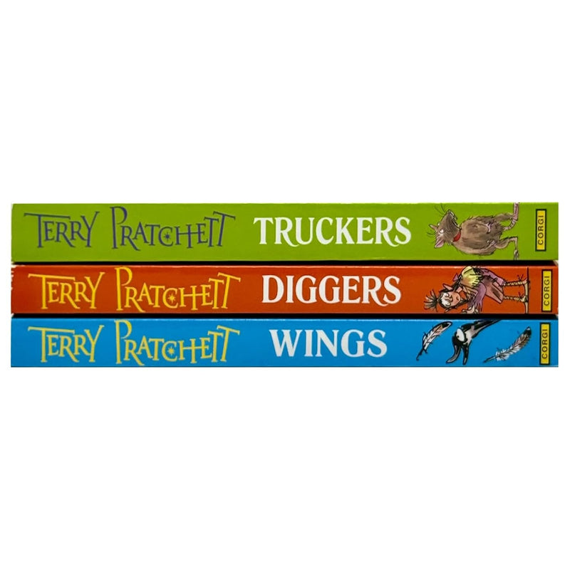 The Bromeliad Trilogy collection set of three paperback books by Terry Pratchett, featuring colorful covers and fantasy illustrations.