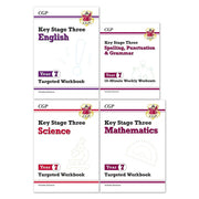 CGP KS3 Year 7 non-fiction workbook collection, four paperback books stacked together