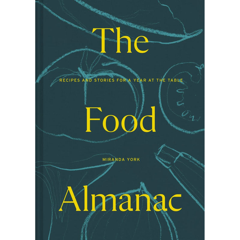 Open cookbook titled The Food Almanac by Miranda York, showing pages with handwritten recipes and food stories on a rustic wooden table.