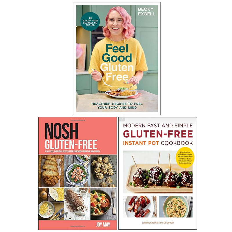Set of four gluten-free cookbooks by Becky Excell, Joy May, Jane Bonacci, and Sara De Leeuw, featuring instant pot recipes and modern cooking tips.