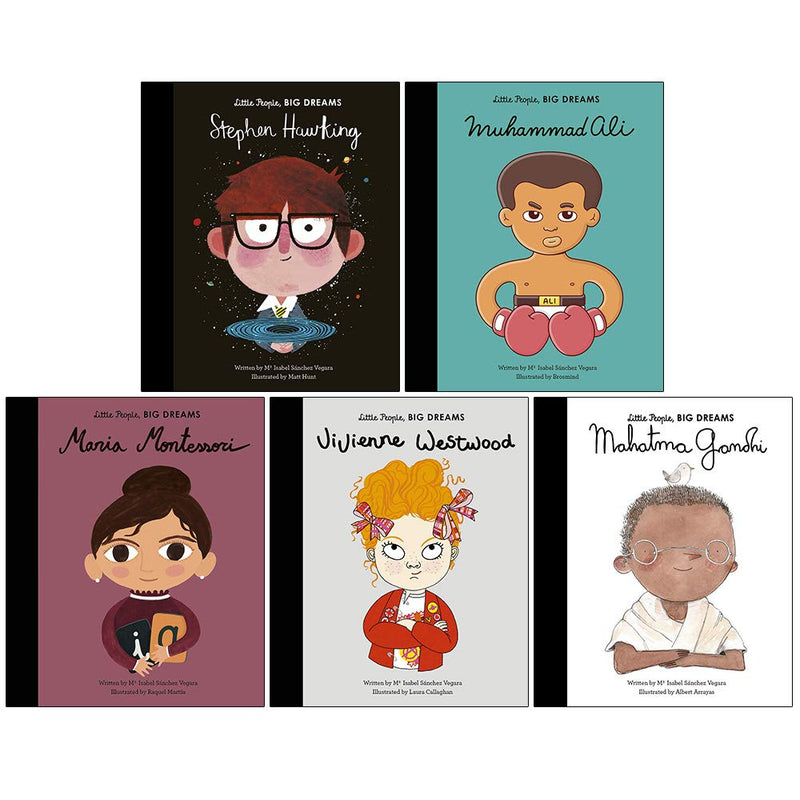 Set of Little People Big Dreams Series 5 books by Maria Isabel Sanchez Vegara, featuring Stephen Hawking in colorful cover illustrations.