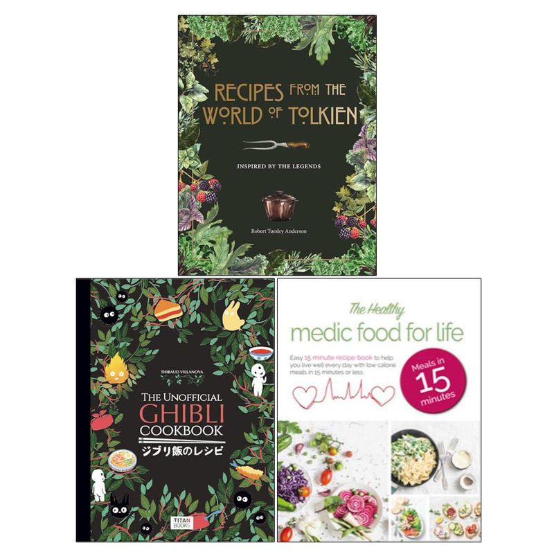 Set of three non-fiction Ghibli-themed cookbooks by Robert Tuesley Anderson, Thibaud Villanova, and Iota, featuring illustrations and recipes.