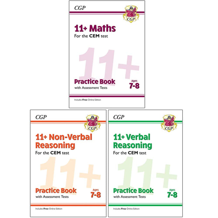 CGP CEM 11+ Maths, Verbal Reasoning, Non-Verbal Reasoning Practice Book and Assessment Tests (Ages 7-8) 3 Books Collection Set - The Book Bundle