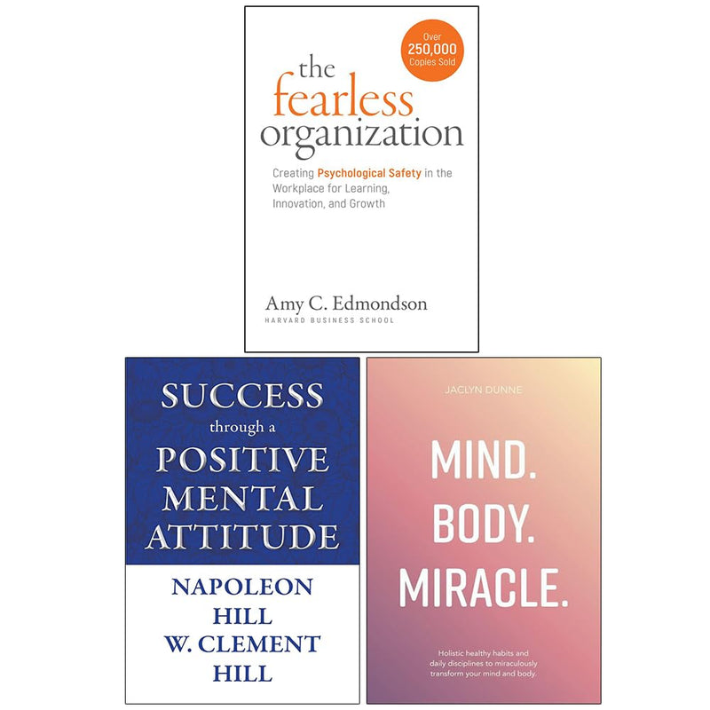 Set of three paperback non-fiction books including The Fearless Organization, Mind Body Miracle by Wiley, Rethink Press.