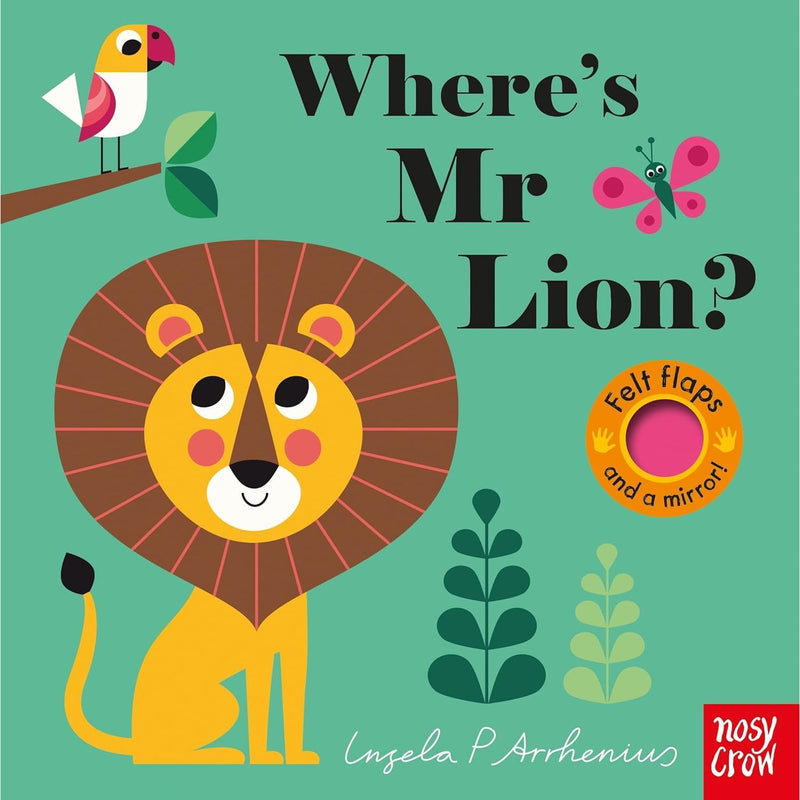 Felt flaps and mirror from Ingela P Arrhenius Series 6 board book collection for ages 0-2, featuring colorful illustrations and interactive elements.