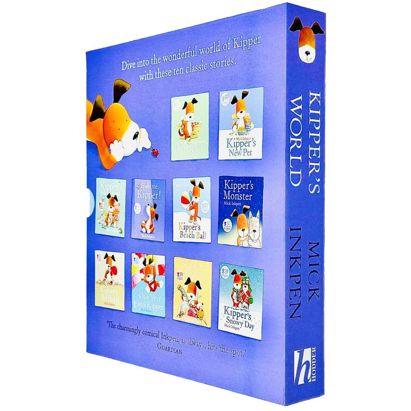 Box set of Kipper's World Collection by Mick Inkpen, featuring 10 children's books with colorful covers including Kipper's Birthday and Beach Ball.