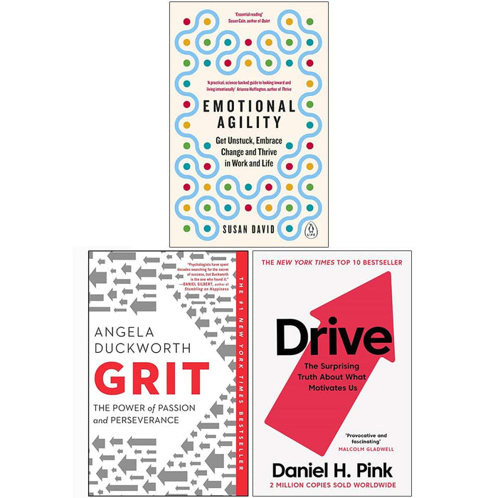 Emotional Agility, Grit: The Power of Passion and Perseverance, Drive The Surprising Truth About What Motivates Us 3 Books Collection Set - The Book Bundle