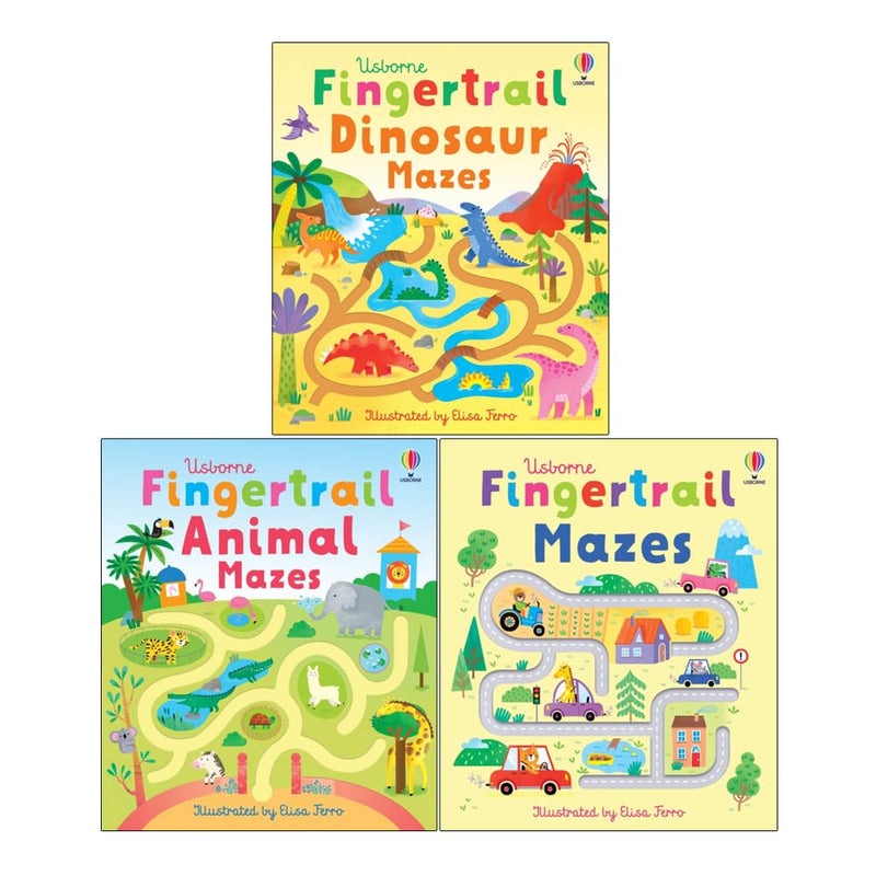 Usborne Fingertrails Collection 3 Books Set by Felicity Brooks (Fingertrail Dinosaur Mazes ,Fingertrail Animal Mazes  & Fingertrail Mazes) - The Book Bundle