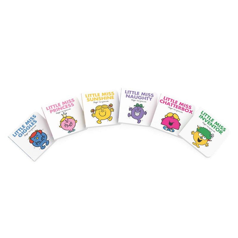 Six colorful Little Miss board books from the Roger Hargreaves Pocket Library series for toddlers, featuring playful illustrations.