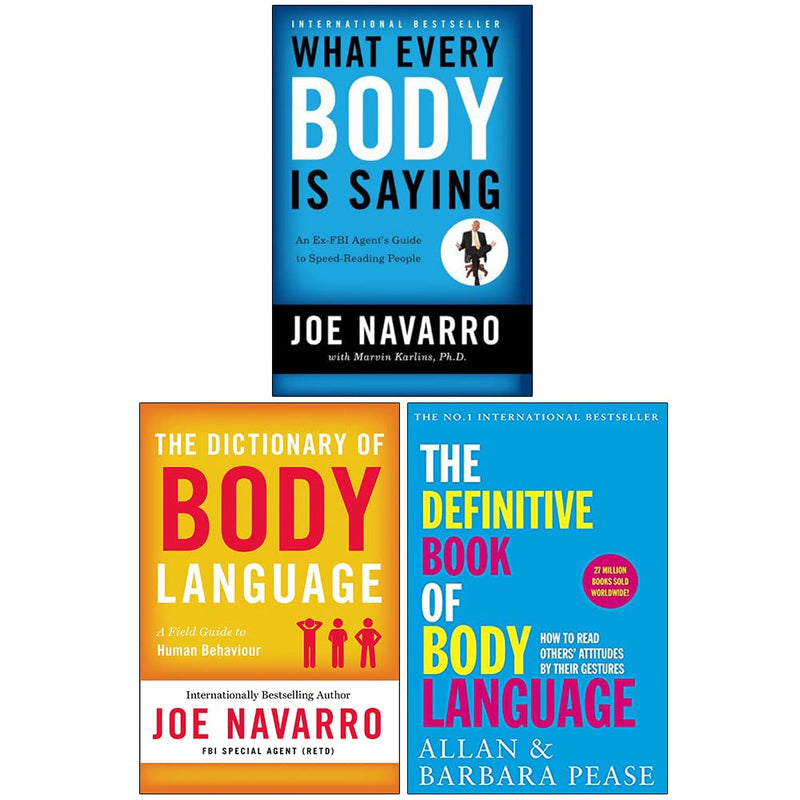 Collection of three books on body language by Joe Navarro, Allan Pease, and Barbara Pease, featuring covers of "What Every Body Is Saying" and others.