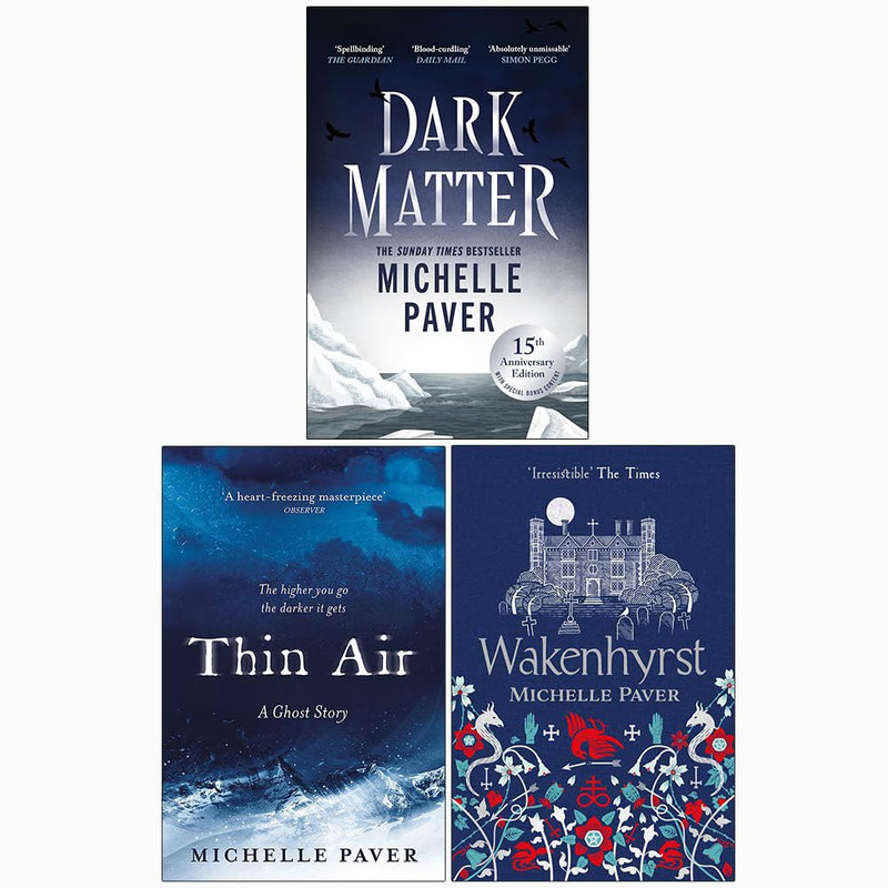 Dark Matter, Thin Air, Wakenhyrst book collection by Michelle Paver, paperback set featuring three fiction novels in a sleek design.