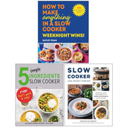 Collection of slow cooker cookbooks by Hayley Dean, Iota, and Martina Slajerova featuring recipes for weight loss and simple weeknight meals.