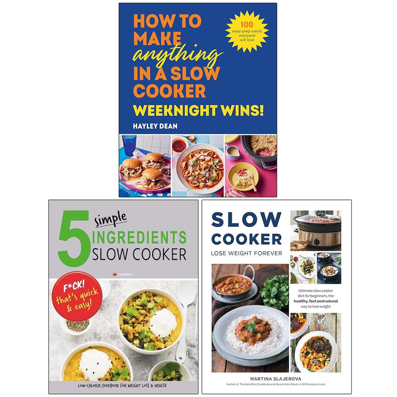 Collection of slow cooker cookbooks by Hayley Dean, Iota, and Martina Slajerova featuring recipes for weight loss and simple weeknight meals.