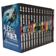 Set of 14 paperback Alex Rider series books by Anthony Horowitz for ages 9–12, featuring spy adventure covers.