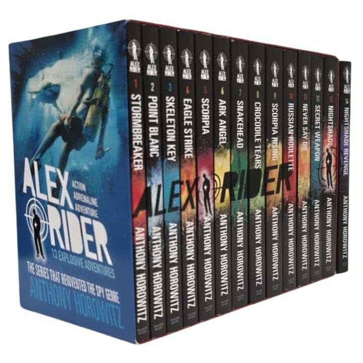 Set of 14 paperback Alex Rider series books by Anthony Horowitz for ages 9–12, featuring spy adventure covers.