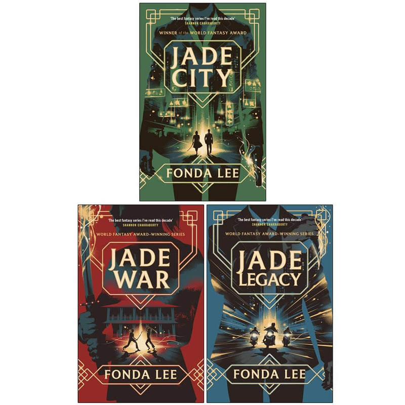 Set of three Green Bone Saga books by Fonda Lee including Jade City, Jade War, and Jade Legacy, published by Orbit Ltd.