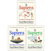 Set of three Sapiens graphic history books by Yuval Noah Harari and David Vandermeulen, featuring vintage-style illustrations and covers.