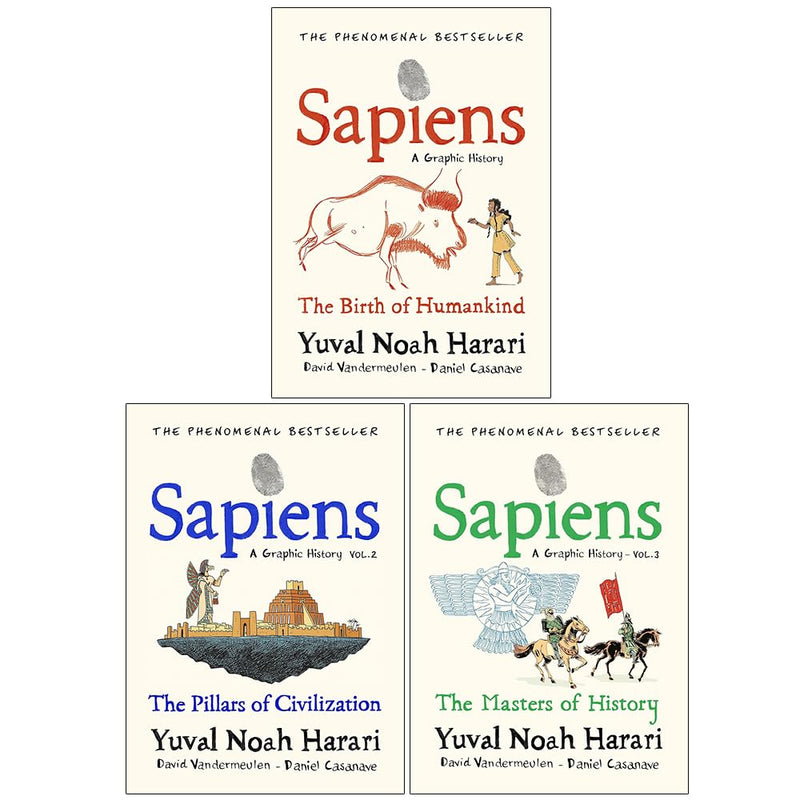 Set of three Sapiens graphic history books by Yuval Noah Harari and David Vandermeulen, featuring vintage-style illustrations and covers.