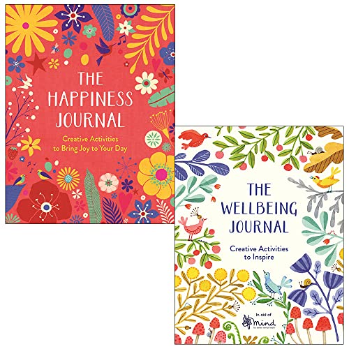 Two paperback journals by Carole Hénaff, The Happiness Journal and The Wellbeing Journal, from Michael O'Mara Ltd, featuring colorful covers.