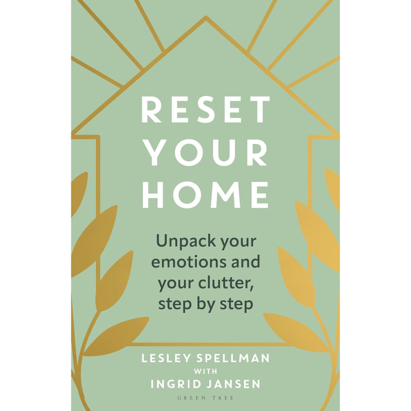 Paperback book titled "Reset Your Home: Unpack Your Emotions and Clutter" by Green Tree, with a calming cover design.