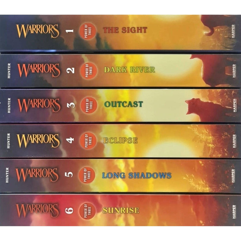 Six-book set of Warriors Cat Power of Three series by Erin Hunter, collection of hardcover books in the HarperCollins edition.