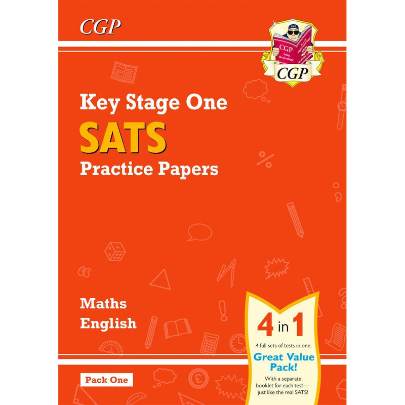 Set of four CGP KS1 Maths and English SATS practice papers books for primary school students, non-fiction educational resources.