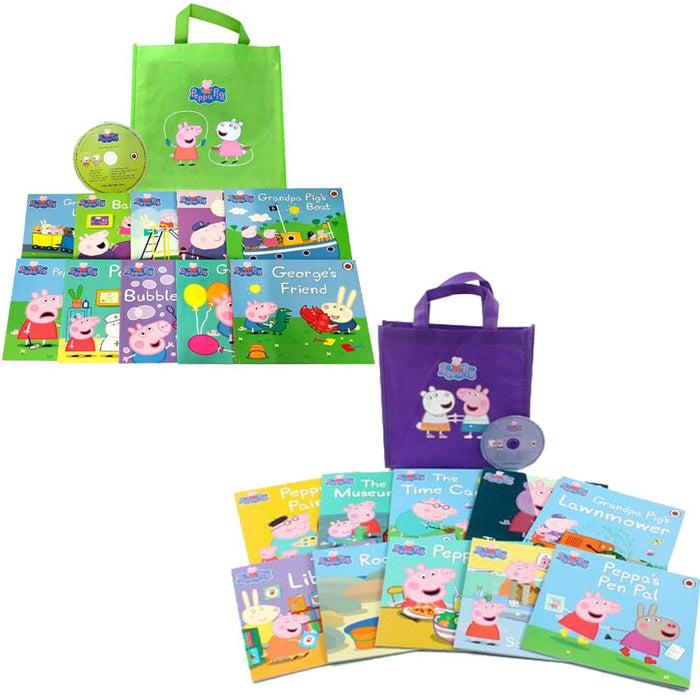 Peppa Pig 20-Book Collection with 2 Audio CDs – Lime & Purple Bag Storybook Sets (Featuring Grandpa Pig, George, Suzy, Museum, Time Capsule, Rock Pools & More)