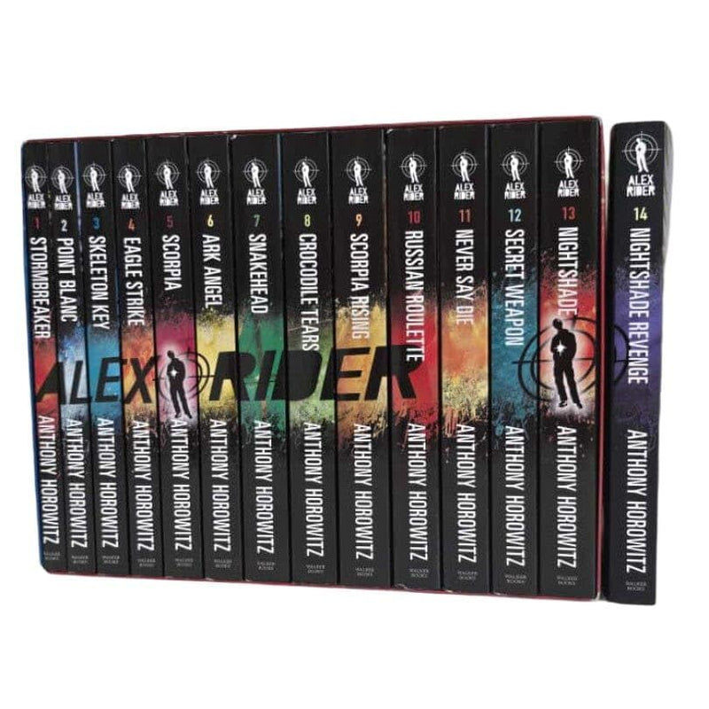 Alex Rider series by Anthony Horowitz, 14 paperback books collection for ages 9–12, published by Walker Books UK.
