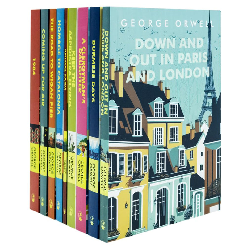 Set of nine classic editions of George Orwell's works including Homage to Catalonia and Burmese Days, featuring vintage-style covers.
