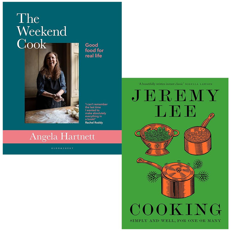 Two cookbook books: "The Weekend Cook" by Angela Hartnett and "Cooking Simply and Well for One or Many" by Jeremy Lee, with colorful covers.