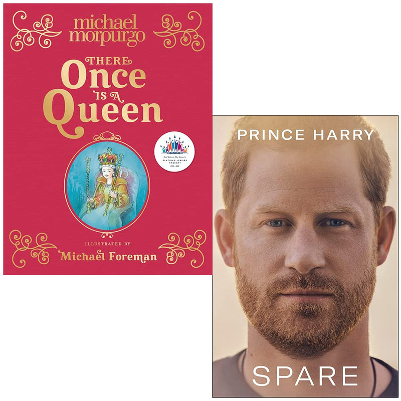 Two fiction books, "There Once Is a Queen" by Michael Morpurgo and "Spare" by Prince Harry, displayed together in a collection set.