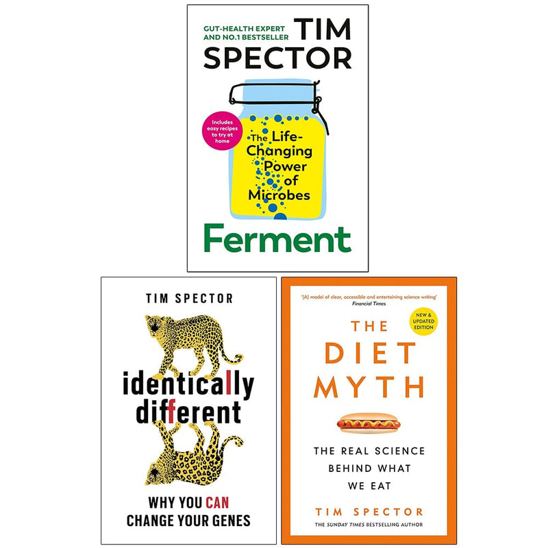 Tim Spector collection of three books including Ferment, Identically Different, and The Diet Myth by Jonathan Cape and Weidenfeld.