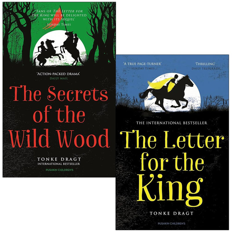 Set of two Tonke Dragt books, The Letter for the King and The Secrets of the Wild Wood, featuring colorful cover art and spine details.