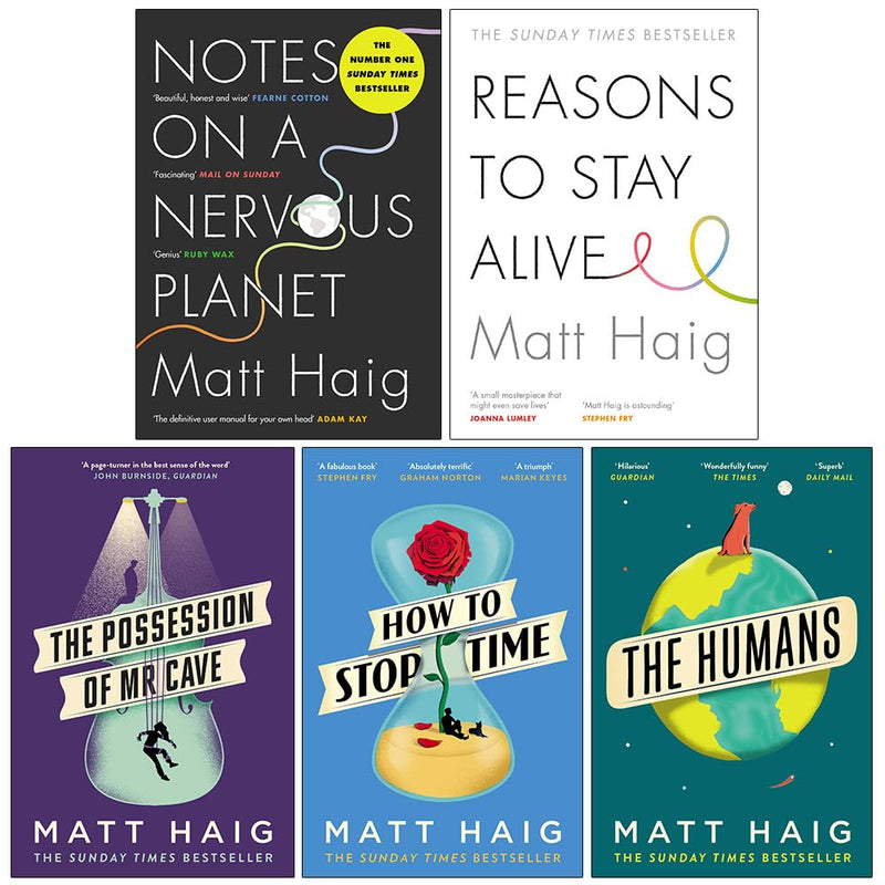 Set of five Matt Haig books including Notes on a Nervous Planet and Reasons to Stay Alive, published by Canongate Books Ltd.