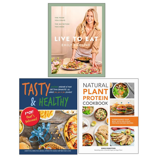 Collection of three plant-based cookbook books by Emily English, Iota, and Robin Robertson featuring healthy, natural recipes.