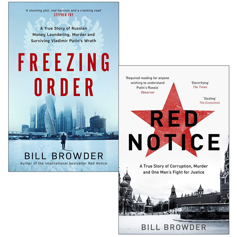 Set of two paperback books by Bill Browder: Freezing Order and Red Notice, non-fiction collection from Simon & Schuster UK/Corgi.