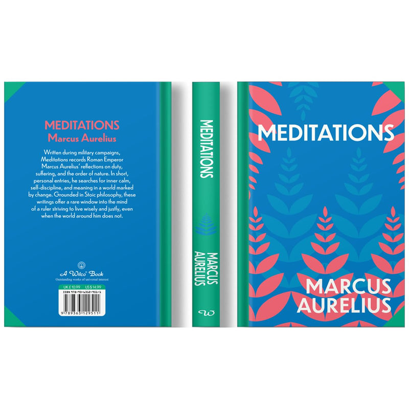 Open book of "Meditations" by Marcus Aurelius, featuring a sprayed edge premium edition from Wilco International LLP.