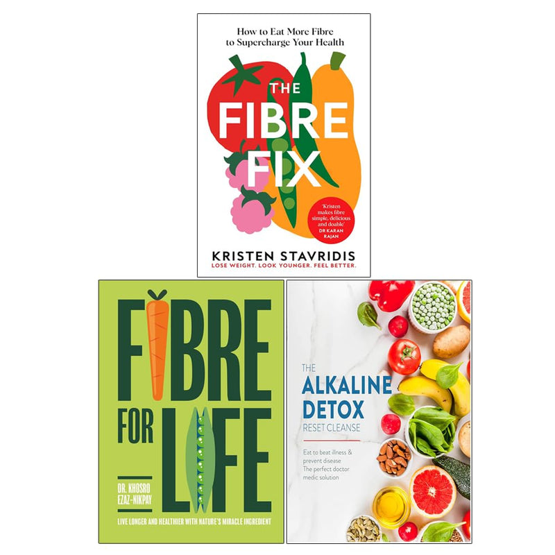 Set of three non-fiction books by Kristen Stavridis and Dr. Khosro Ezaz-Nikpay on Fibre Fix, Fibre for Life, and Alkaline Detox Reset.