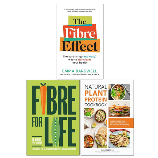 Set of three cookbooks on natural plant protein recipes by Emma Bardwell, Dr. Khosro Ezaz-Nikpay, Robin Robertson, featuring fiber-rich dishes.
